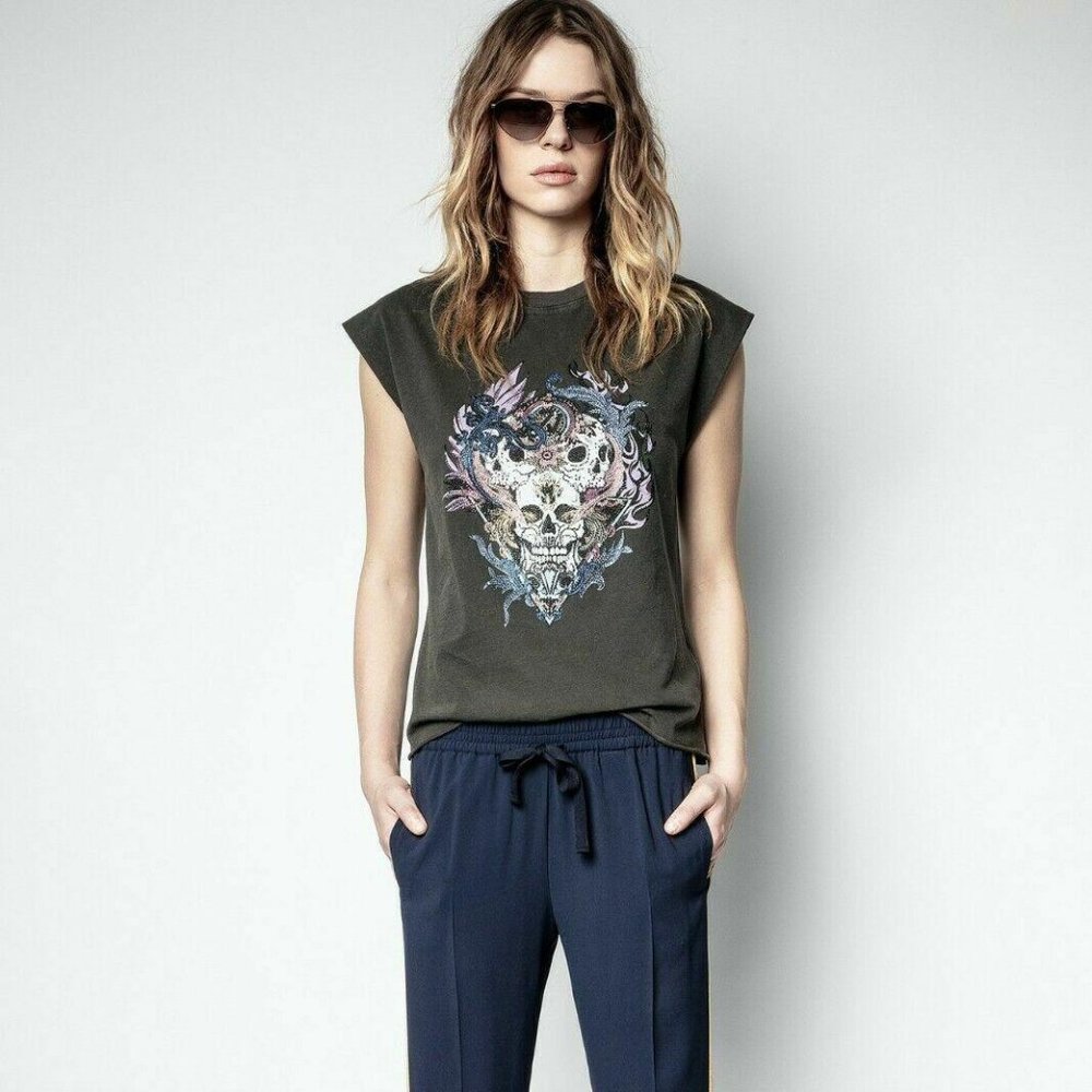 Zadig & Voltaire Olive Green Graphic Skull Muscle Tee